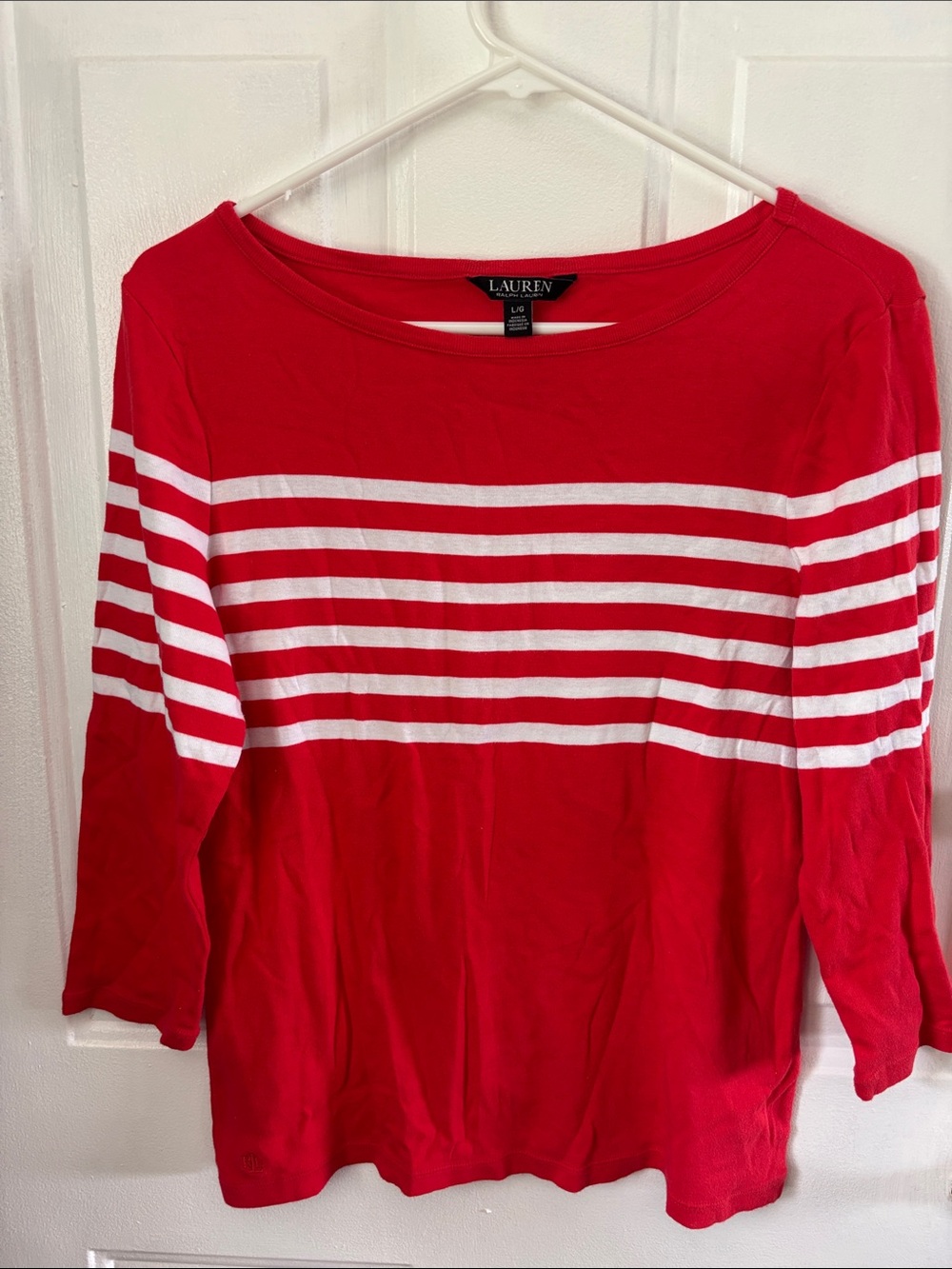 LAUREN Ralph Lauren Red Striped Boatneck 3/4 Sleeve Top